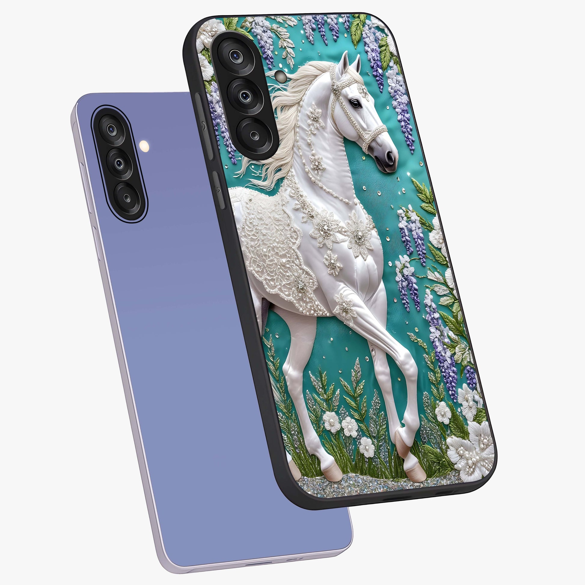 Majestic Floral Stallion Glass Case displayed in angled mockup highlighting majestic stallion illustration with elegant floral aesthetic.