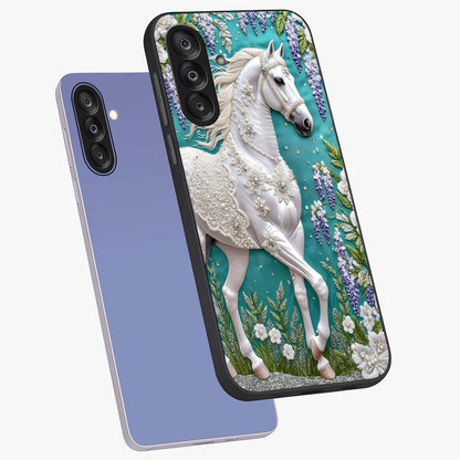 Majestic Floral Stallion Glass Case displayed in angled mockup highlighting majestic stallion illustration with elegant floral aesthetic.