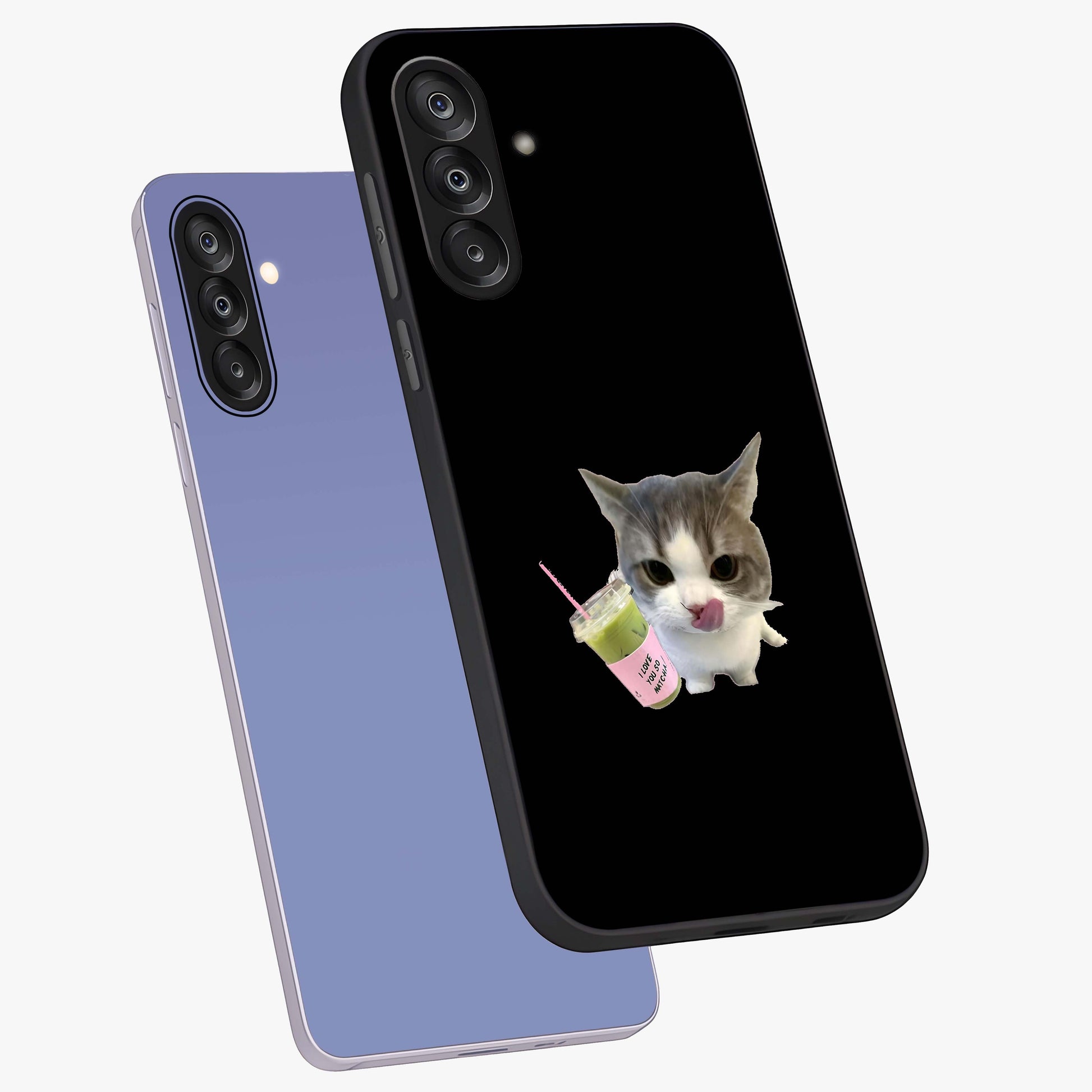 Matcha Cat Style Glass Case displayed in angled mockup highlighting playful feline design with pastel matcha aesthetic.