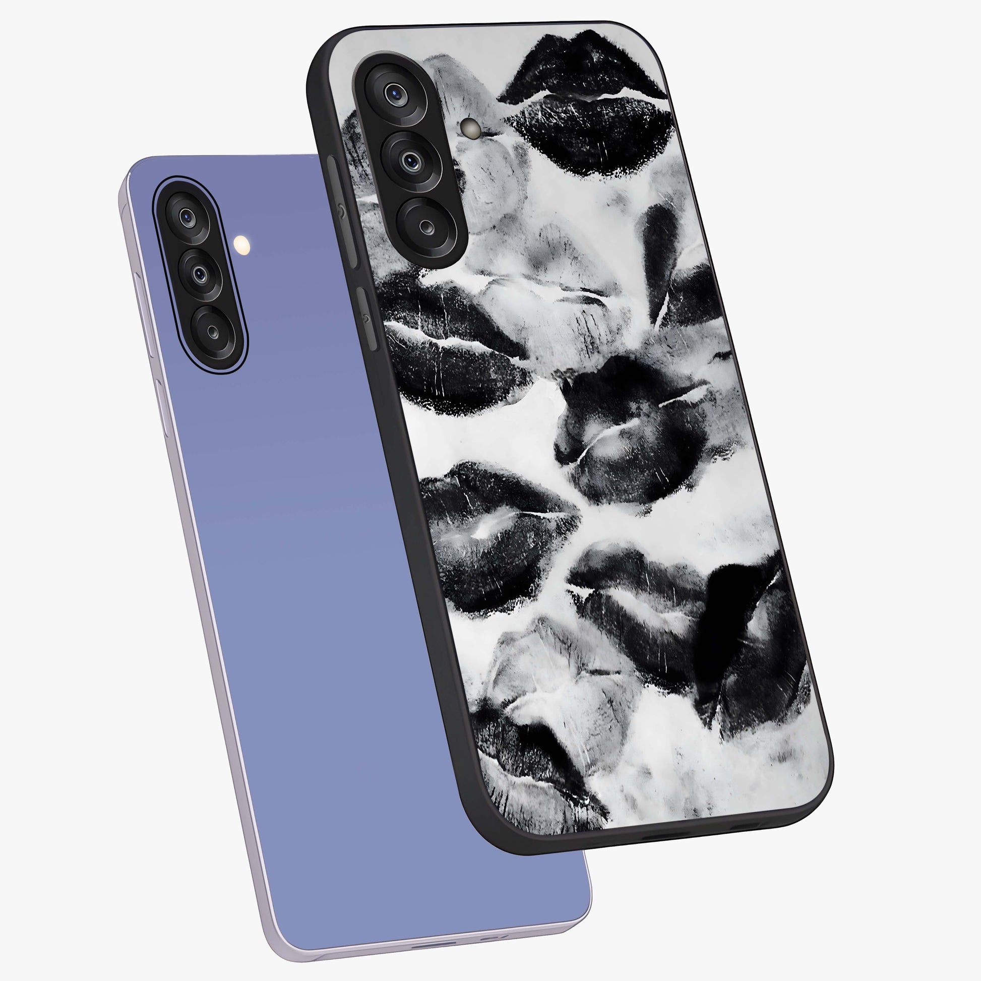 Midnight Kiss Marks Glass Case displayed in angled mockup highlighting playful romantic design with bold midnight aesthetic.