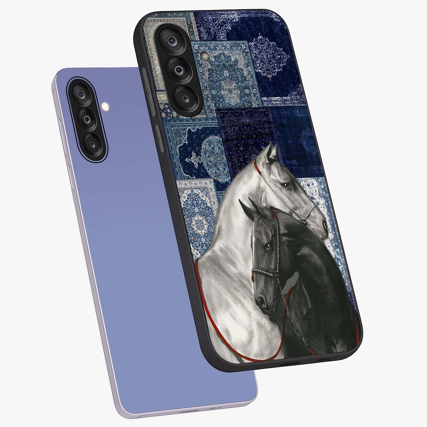 Midnight Stallion Blues Glass Case displayed in angled mockup highlighting powerful stallion illustration with deep midnight tones.