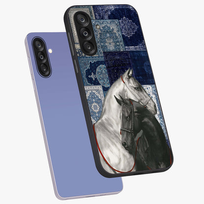 Midnight Stallion Blues Glass Case displayed in angled mockup highlighting powerful stallion illustration with deep midnight tones.