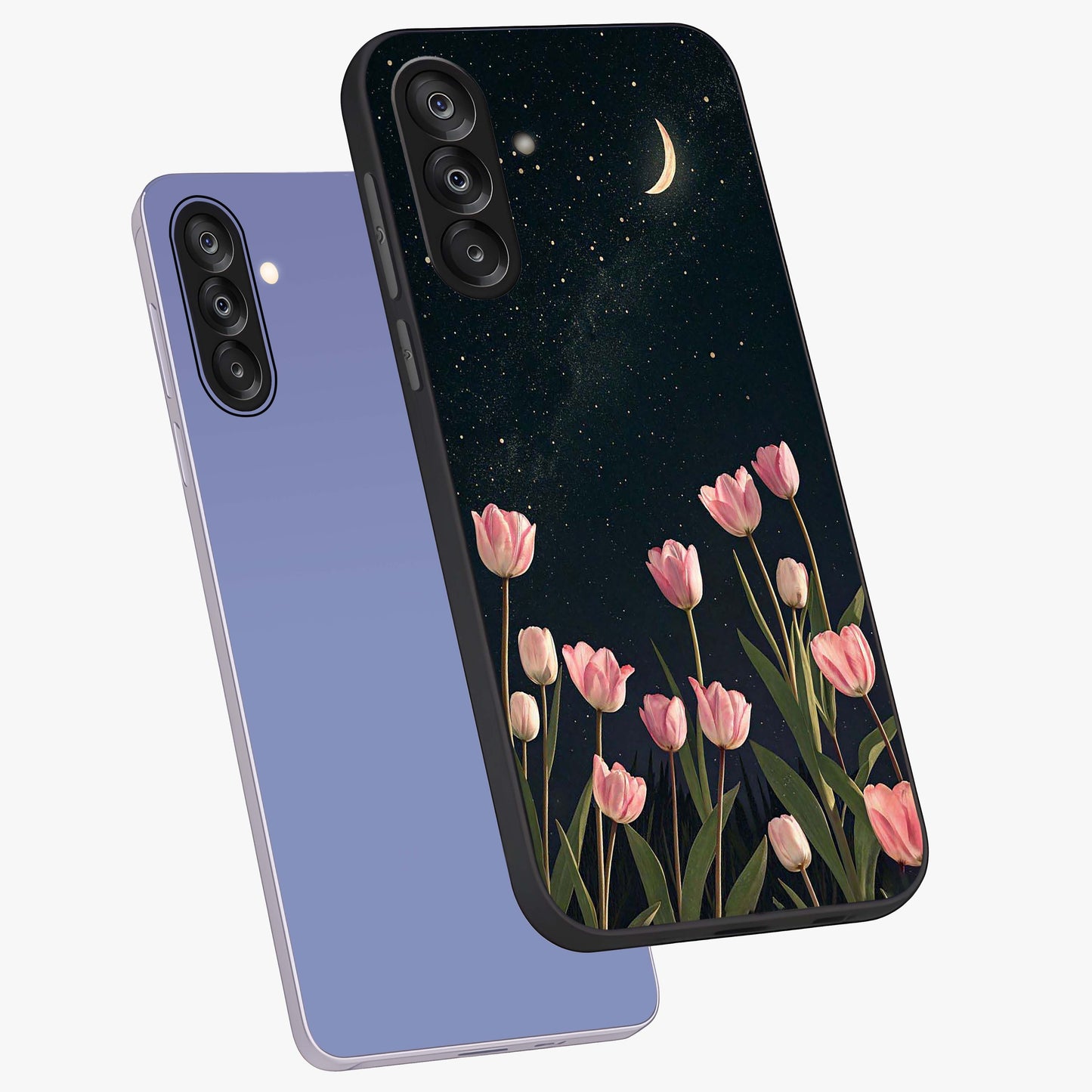 Midnight Tulip Whispers Vibe Glass Case displayed in angled mockup highlighting delicate tulip design with midnight floral aesthetic.