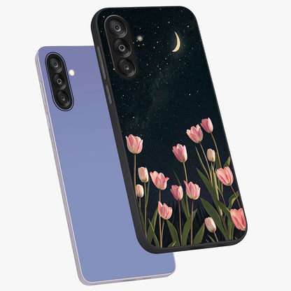 Midnight Tulip Whispers Vibe Glass Case displayed in angled mockup highlighting delicate tulip design with midnight floral aesthetic.