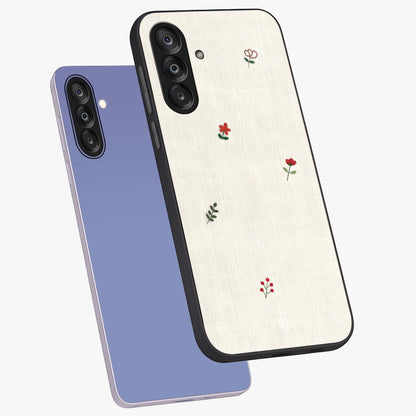 Minimalistic Blue With White Flower Pattern Glass Case displayed in angled mockup highlighting simple floral design with minimal aesthetic.