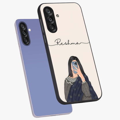 Mirror Mood Muse With Custom Name Glass Case displayed in angled mockup highlighting aesthetic mirror inspired design with custom name feature.