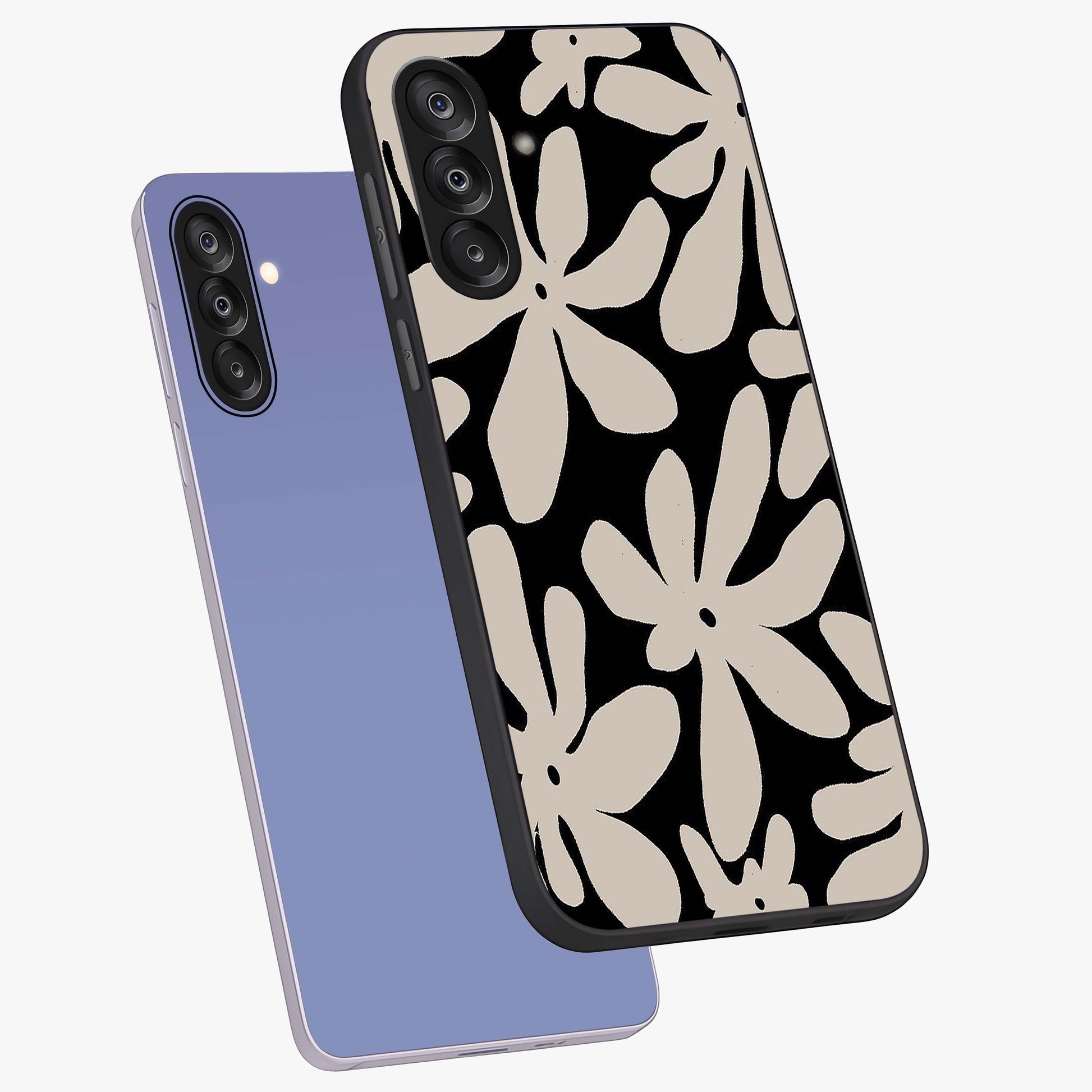 Monochrome Petal Dance Glass Case displayed in angled mockup highlighting elegant petal design with black and white aesthetic.
