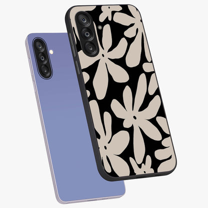 Monochrome Petal Dance Glass Case displayed in angled mockup highlighting elegant petal design with black and white aesthetic.