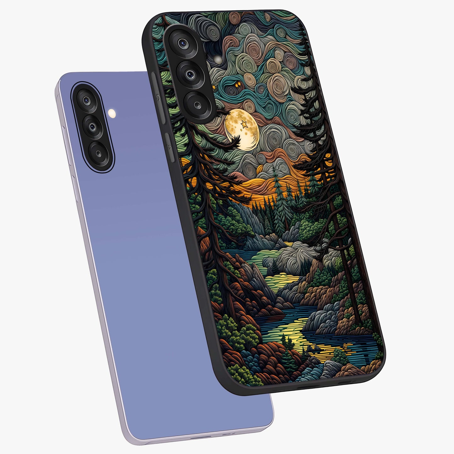 Moonlight Forest Dream Glass Case displayed in angled mockup highlighting dreamy forest design with glowing moon aesthetic.