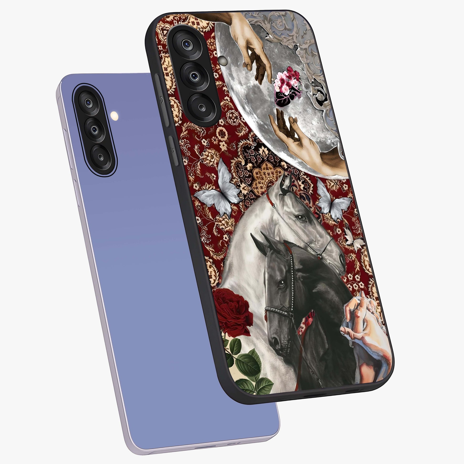Moonlit Royal Stallion Glass Case displayed in angled mockup highlighting powerful stallion illustration with royal night aesthetic.
