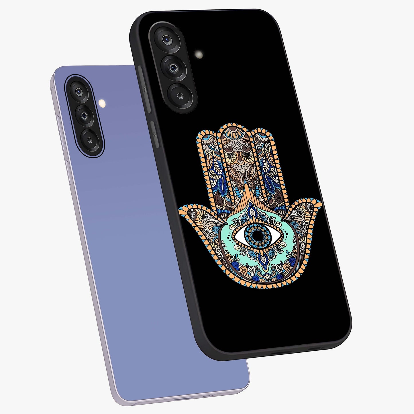 Mystic Hamsa Eye Glass Case displayed in angled mockup highlighting spiritual hamsa symbol with mystical aesthetic style.