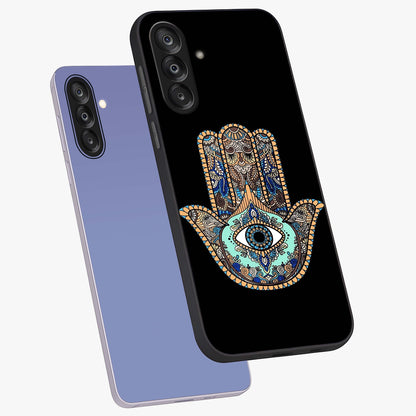 Mystic Hamsa Eye Glass Case displayed in angled mockup highlighting spiritual hamsa symbol with mystical aesthetic style.