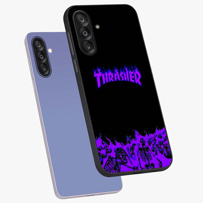 Neon Flame Riot Glass Case displayed in angled mockup highlighting glowing flame design with vibrant neon aesthetic.