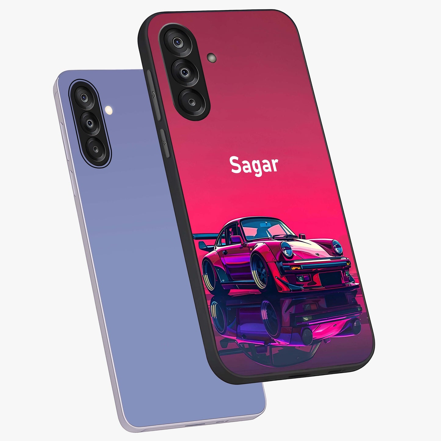Neon Pink Porsche Glass Case displayed in angled mockup highlighting sleek neon pink car design with racing aesthetic.