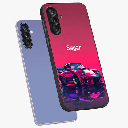 Neon Pink Porsche Glass Case displayed in angled mockup highlighting sleek neon pink car design with racing aesthetic.