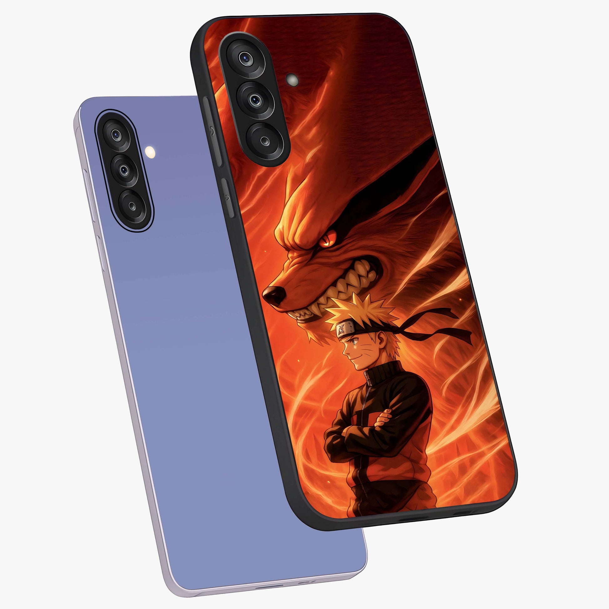 Nine Tails Legacy Glass Case displayed in angled mockup highlighting dynamic anime beast illustration with bold mystical aesthetic.