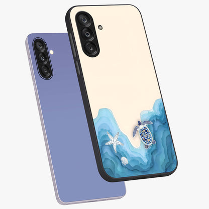 Ocean Drift Turtle Glass Case displayed in angled mockup highlighting peaceful ocean turtle illustration with marine aesthetic.