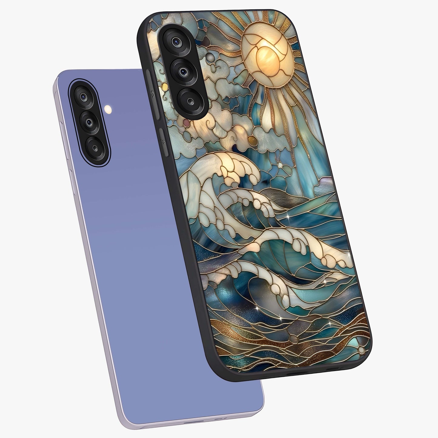 Oceanic Stained Printed Glass Case displayed in angled mockup highlighting colorful aquatic design with artistic aesthetic style.