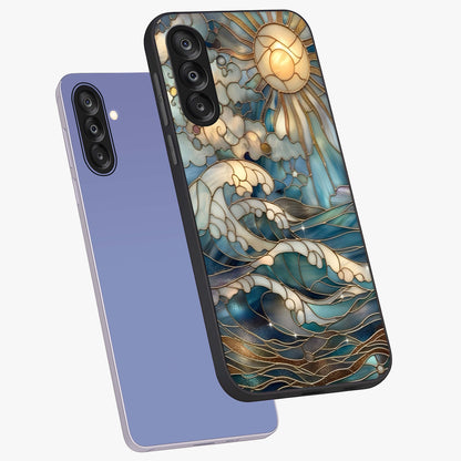 Oceanic Stained Printed Glass Case displayed in angled mockup highlighting colorful aquatic design with artistic aesthetic style.