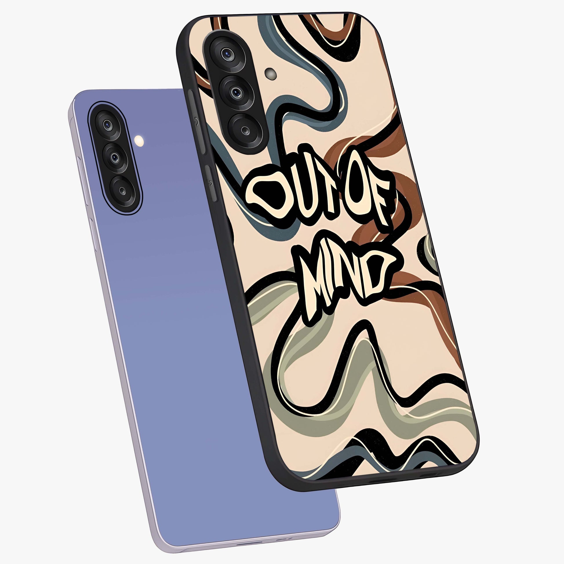 Out Of Mind Glass Case displayed in angled mockup highlighting bold statement design with modern artistic aesthetic.