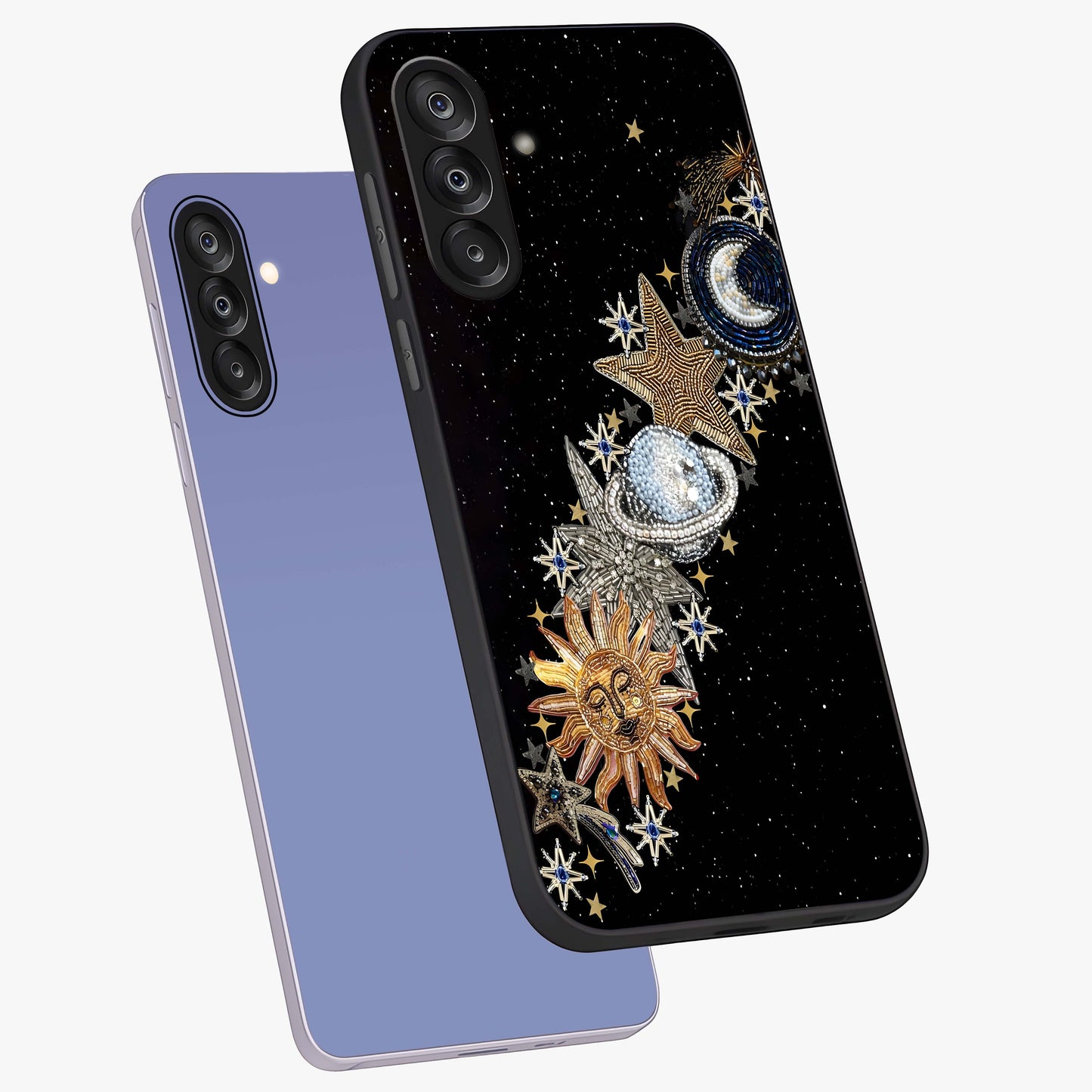 Pearls Universe Object Glass Case displayed in angled mockup highlighting celestial pearl design with dreamy aesthetic.