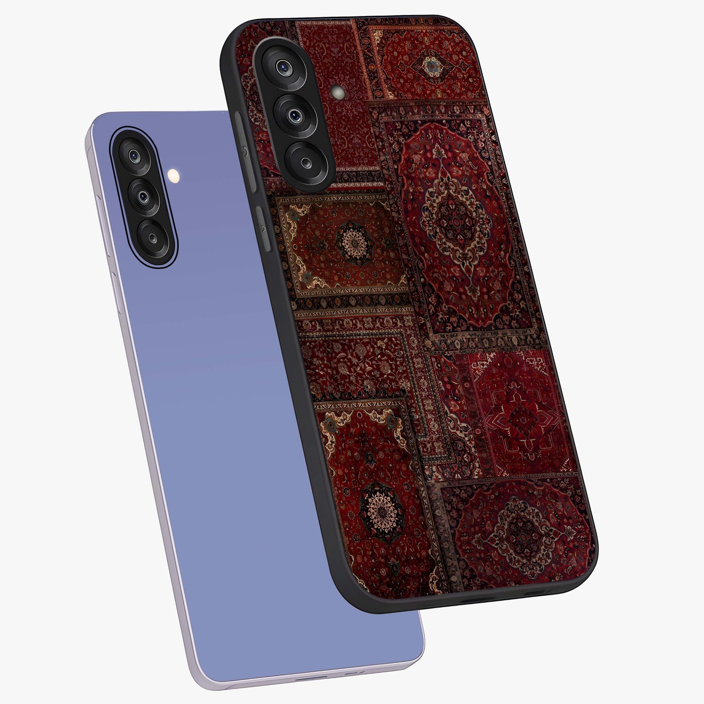 Persian Velvet Tale Glass Case displayed in angled mockup highlighting ornate textile inspired design with royal aesthetic.