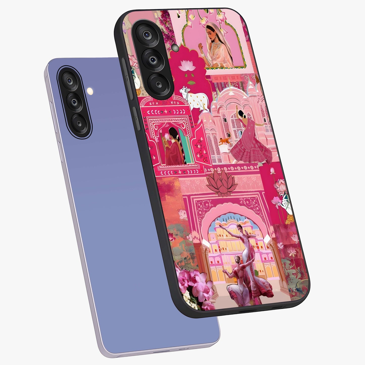 Pink Palace Muse Glass Case displayed in angled mockup highlighting dreamy palace illustration with soft pink aesthetic.