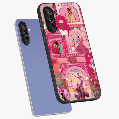 Pink Palace Muse Glass Case displayed in angled mockup highlighting dreamy palace illustration with soft pink aesthetic.