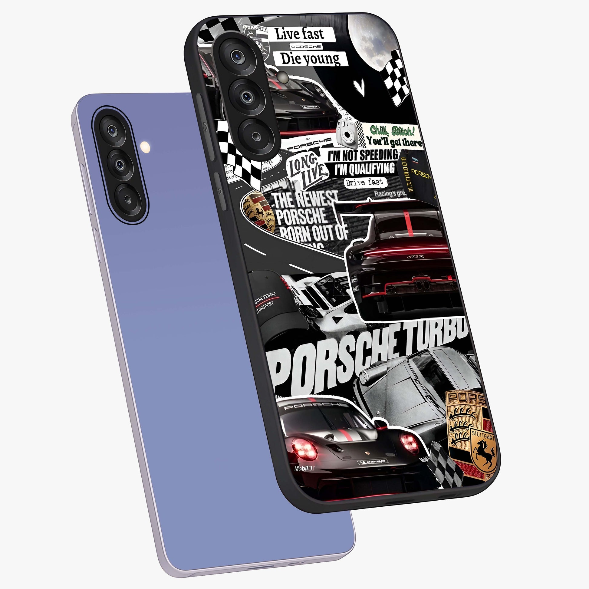 Porsche Racing Collage Glass Case displayed in angled mockup highlighting dynamic automotive design with bold racing aesthetic.