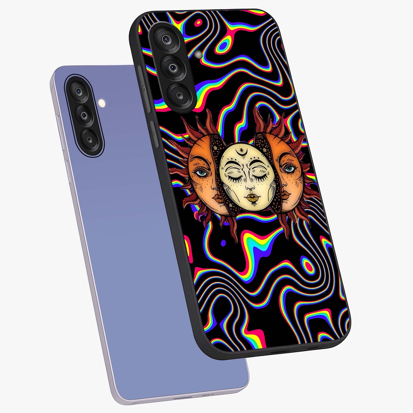 Psychedelic Sun Glass Case displayed in angled mockup highlighting vibrant abstract sun design with artistic aesthetic style.
