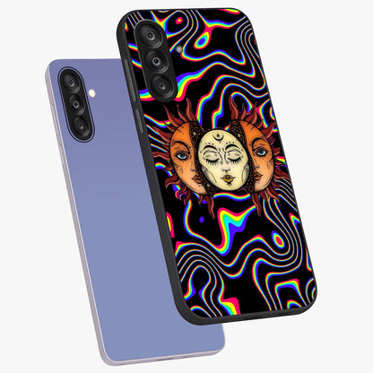 Psychedelic Sun Glass Case displayed in angled mockup highlighting vibrant abstract sun design with artistic aesthetic style.