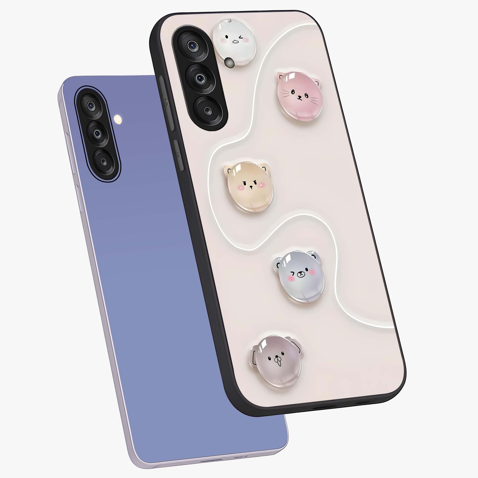 Puffy Face Parade Glass Case displayed in angled mockup highlighting playful cartoon face design with fun aesthetic.