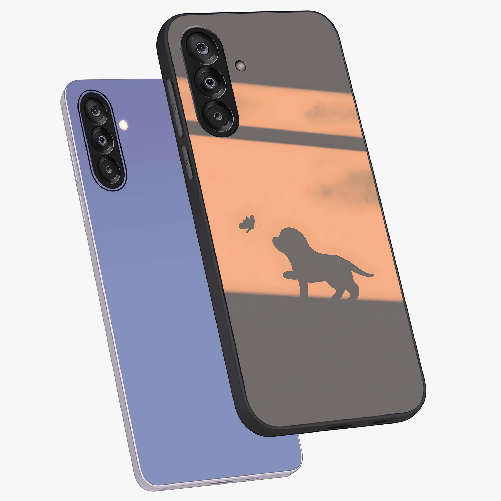 Puppy Shadow Art Glass Case displayed in angled mockup highlighting playful dog illustration with artistic shadow aesthetic.