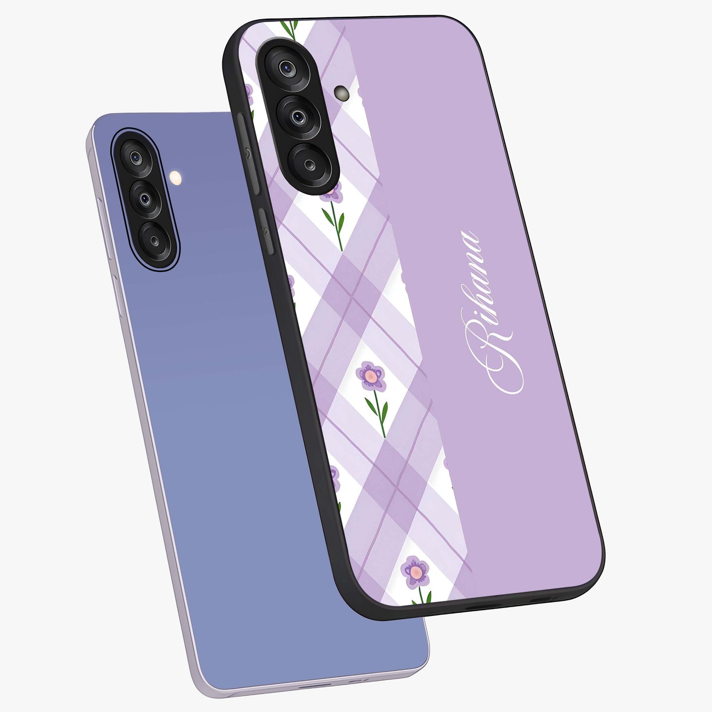 Purple Diamond Floral Glass Case displayed in angled mockup highlighting elegant purple flower design with decorative pattern.