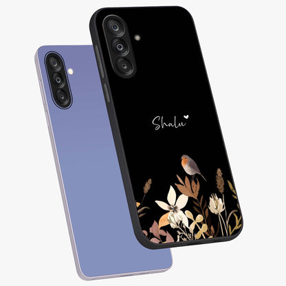 Quiet Garden Tune Custom Name Glass Case displayed in angled mockup highlighting delicate floral garden design with custom name feature.