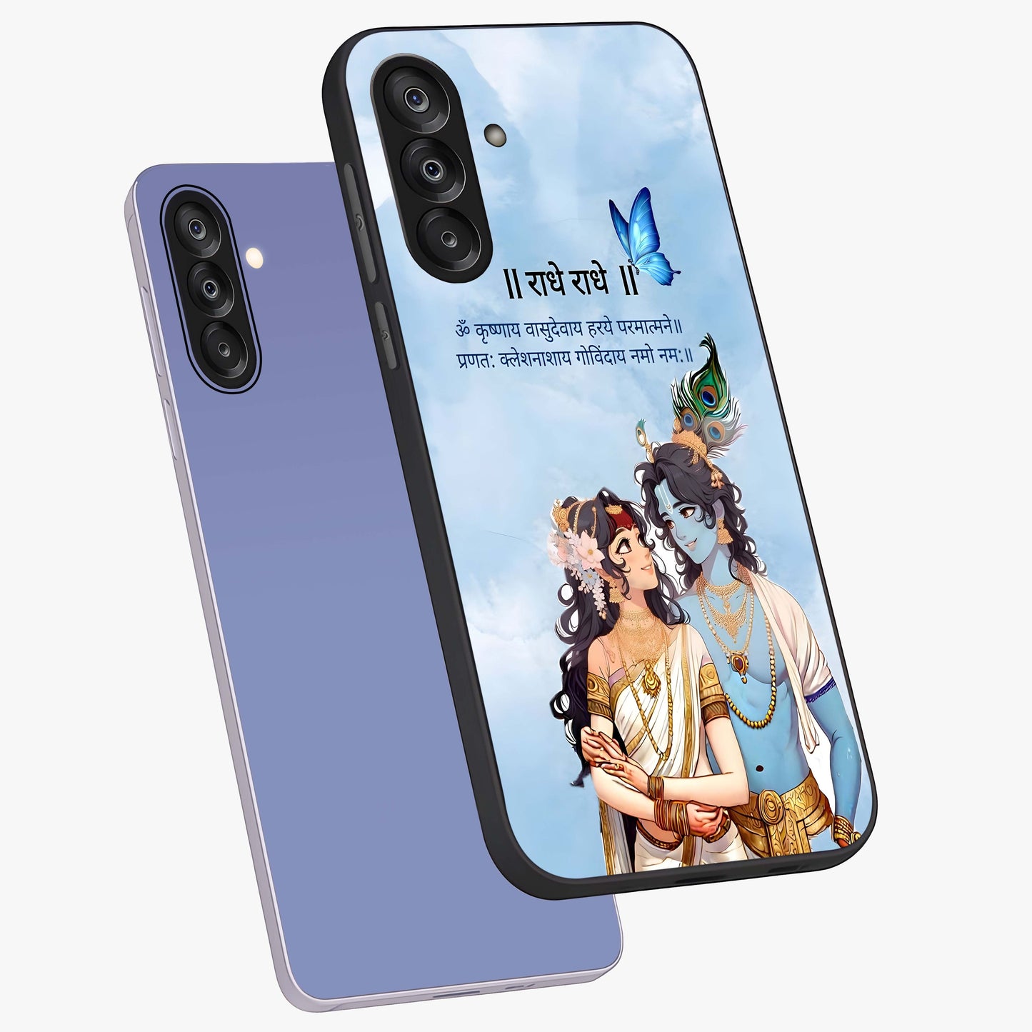 Radha Krishna Eternal Glass Case displayed in angled mockup highlighting divine Radha Krishna illustration with spiritual aesthetic.