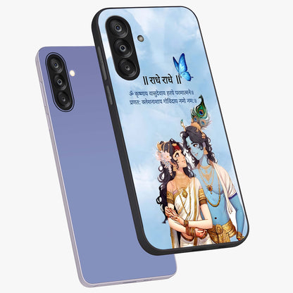 Radha Krishna Eternal Glass Case displayed in angled mockup highlighting divine Radha Krishna illustration with spiritual aesthetic.