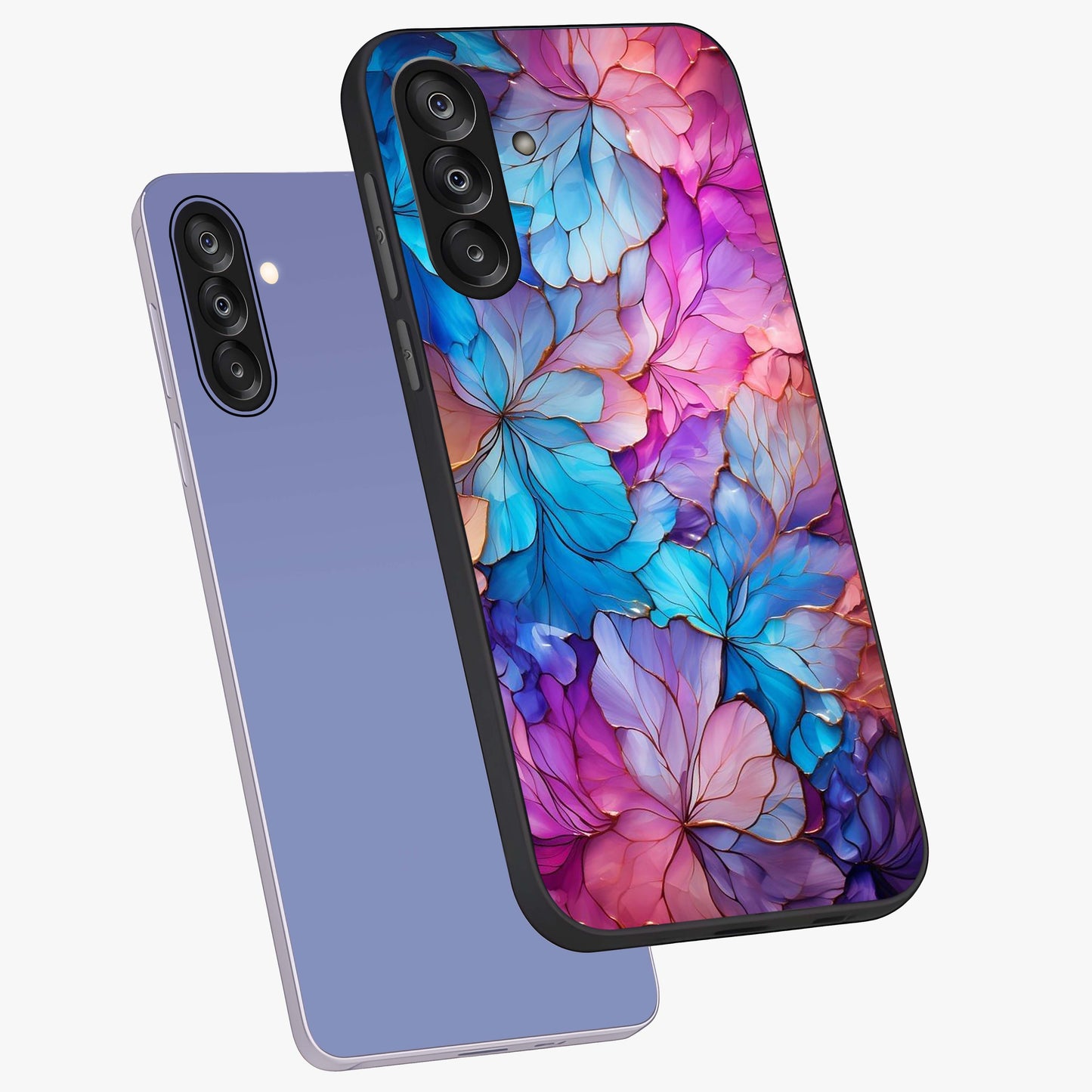 Radiant Floral Whirl Glass Case displayed in angled mockup highlighting vibrant flower pattern with dynamic artistic aesthetic.