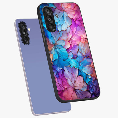 Radiant Floral Whirl Glass Case displayed in angled mockup highlighting vibrant flower pattern with dynamic artistic aesthetic.