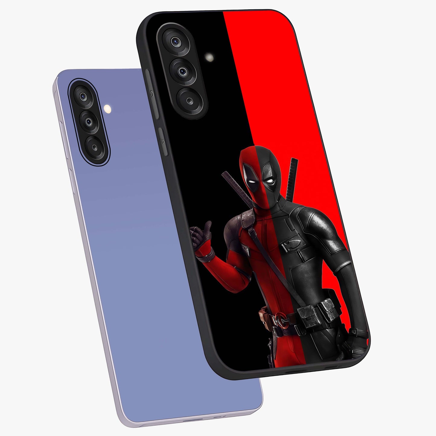 Red & Black Deadpool Theme Glass Case displayed in angled mockup highlighting vibrant superhero style illustration with action aesthetic.