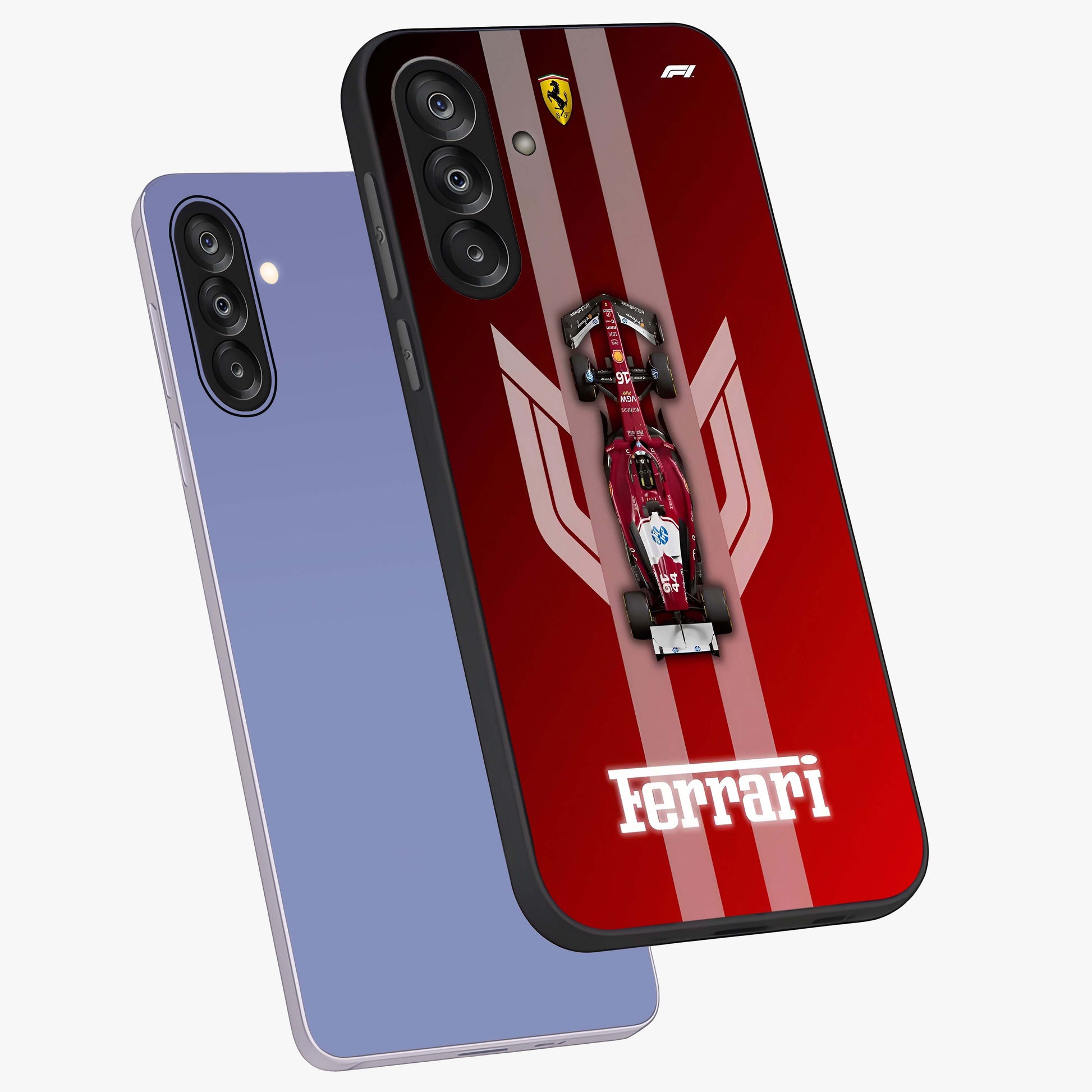 Red Ferrari F1 Vertical Glass Case displayed in angled mockup highlighting high speed racing design with bold automotive aesthetic.