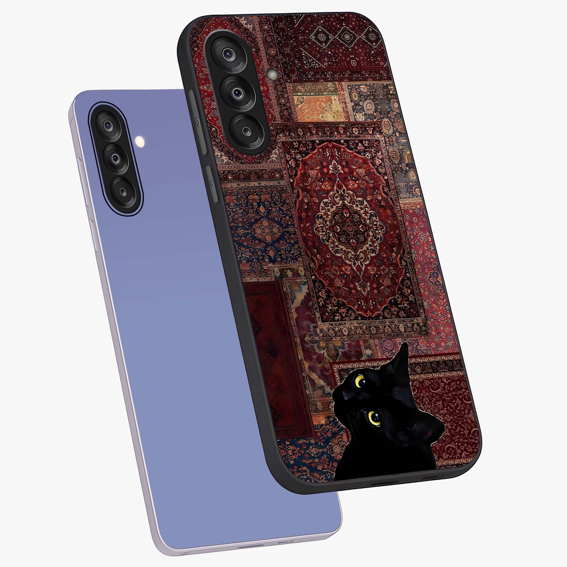 Regal Magic Cat Apple Glass Case displayed in angled mockup highlighting whimsical feline design with fantasy aesthetic.