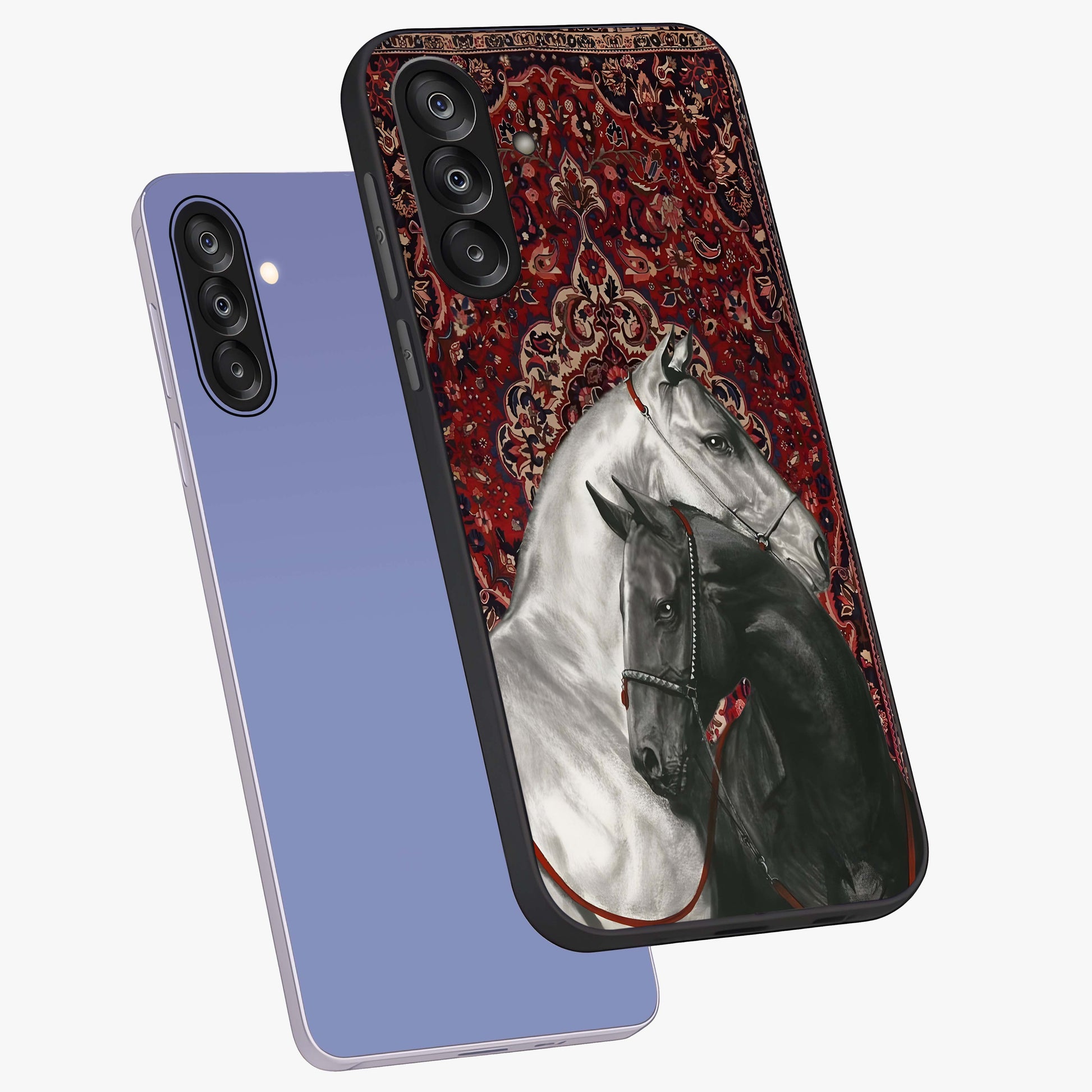 Regal Stallion Tapestry Glass Case displayed in angled mockup highlighting royal stallion design with decorative heritage aesthetic.