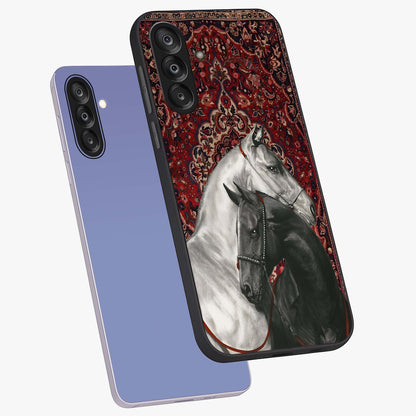 Regal Stallion Tapestry Glass Case displayed in angled mockup highlighting royal stallion design with decorative heritage aesthetic.