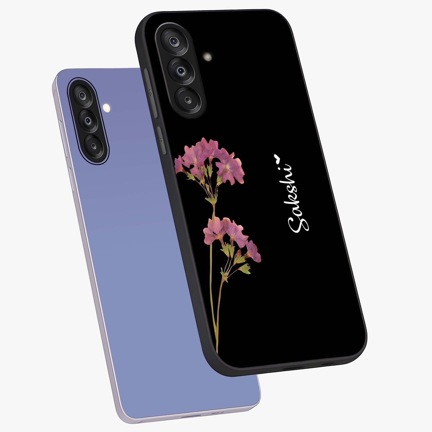 Riching Lavender Flower Custom Name Glass Case displayed in angled mockup highlighting delicate lavender flower design with custom name feature.