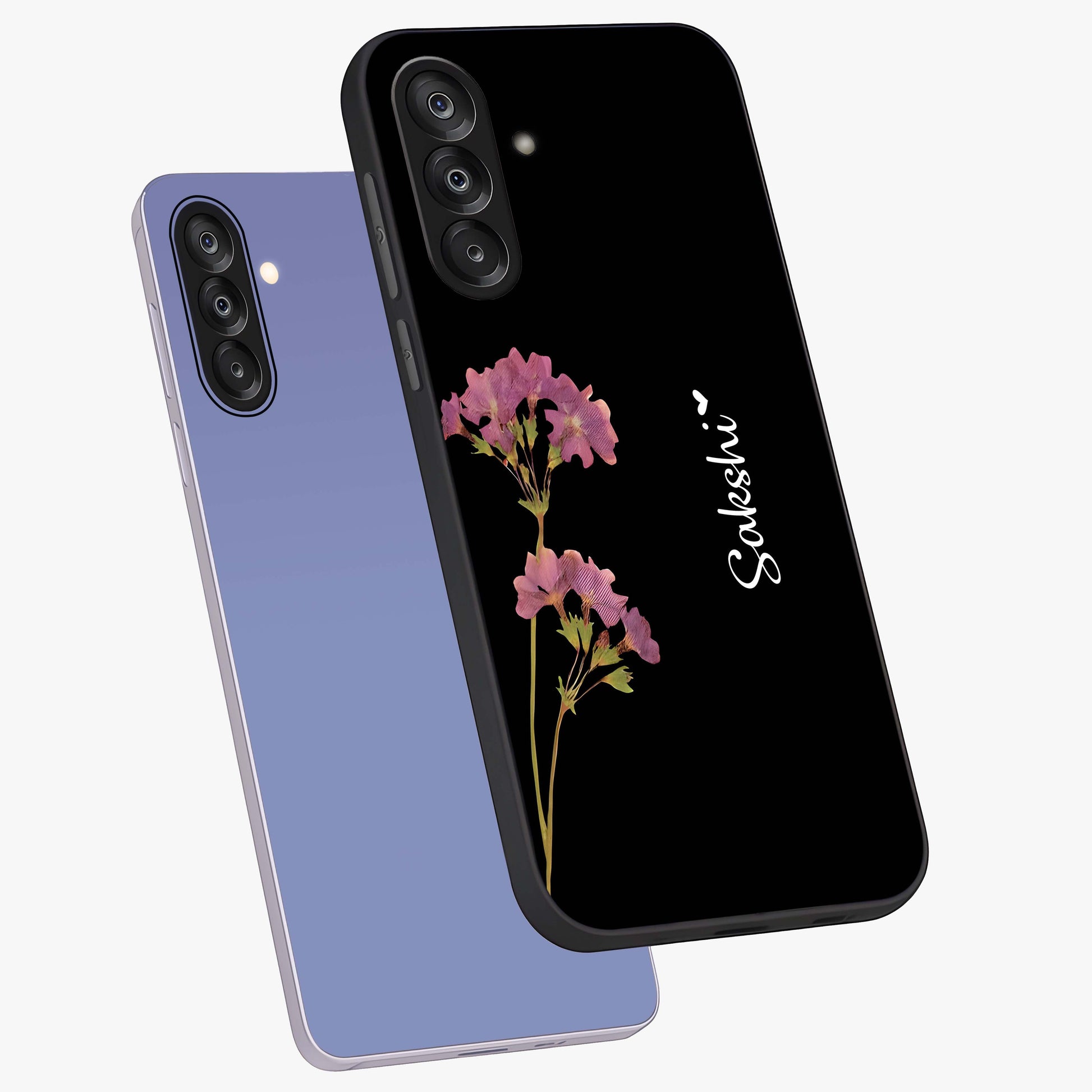 Riching Lavender Flower Custom Name Glass Case displayed in angled mockup highlighting delicate lavender flower design with custom name feature.