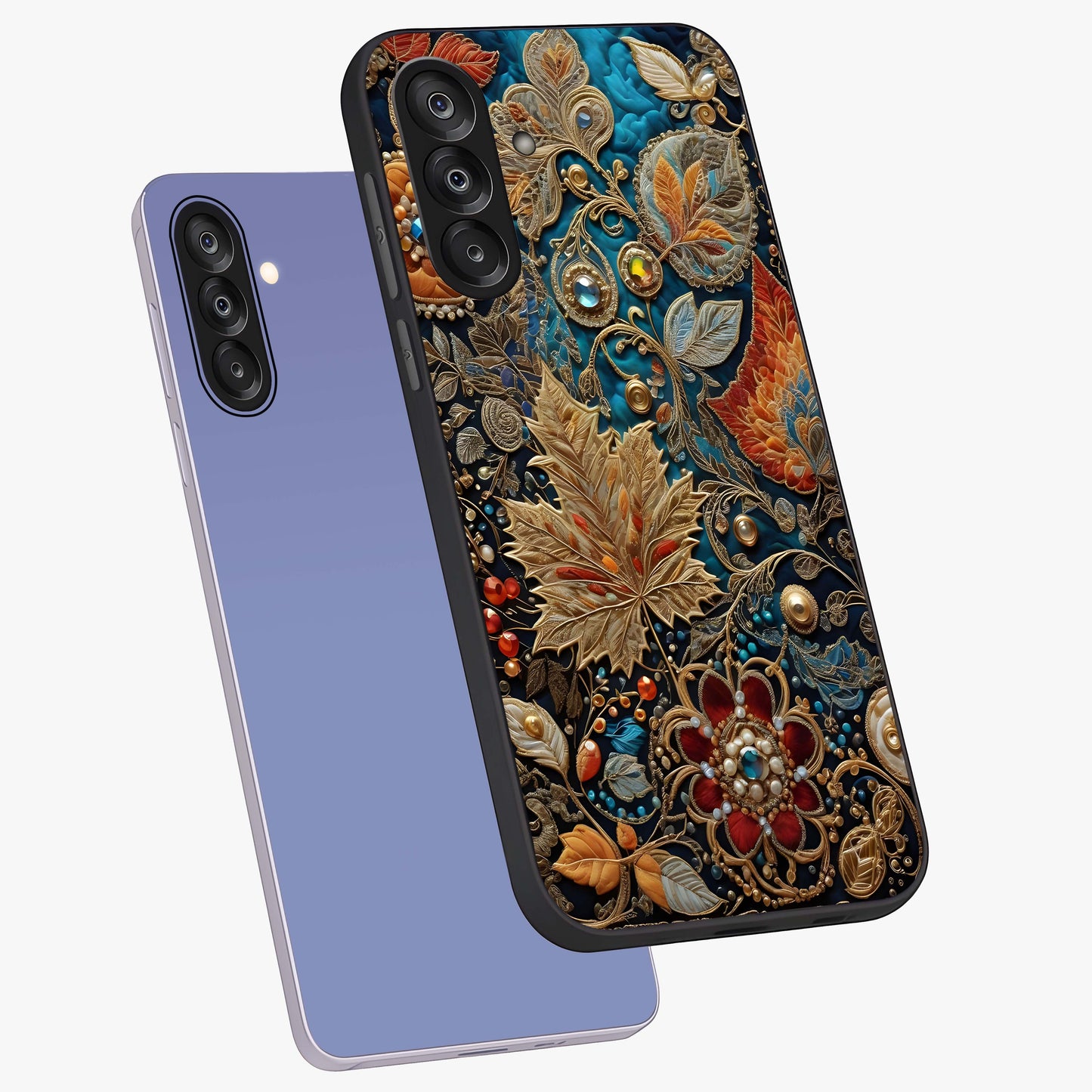 Royal Jewel Garden Glass Case displayed in angled mockup highlighting vibrant jewel inspired floral design with elegant aesthetic.