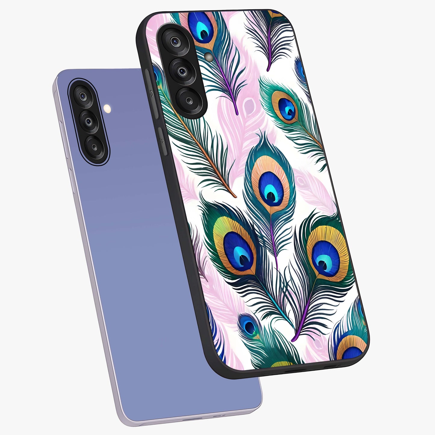Royal Peacock Feathers Glass Case displayed in angled mockup highlighting vibrant feather pattern with regal aesthetic style.