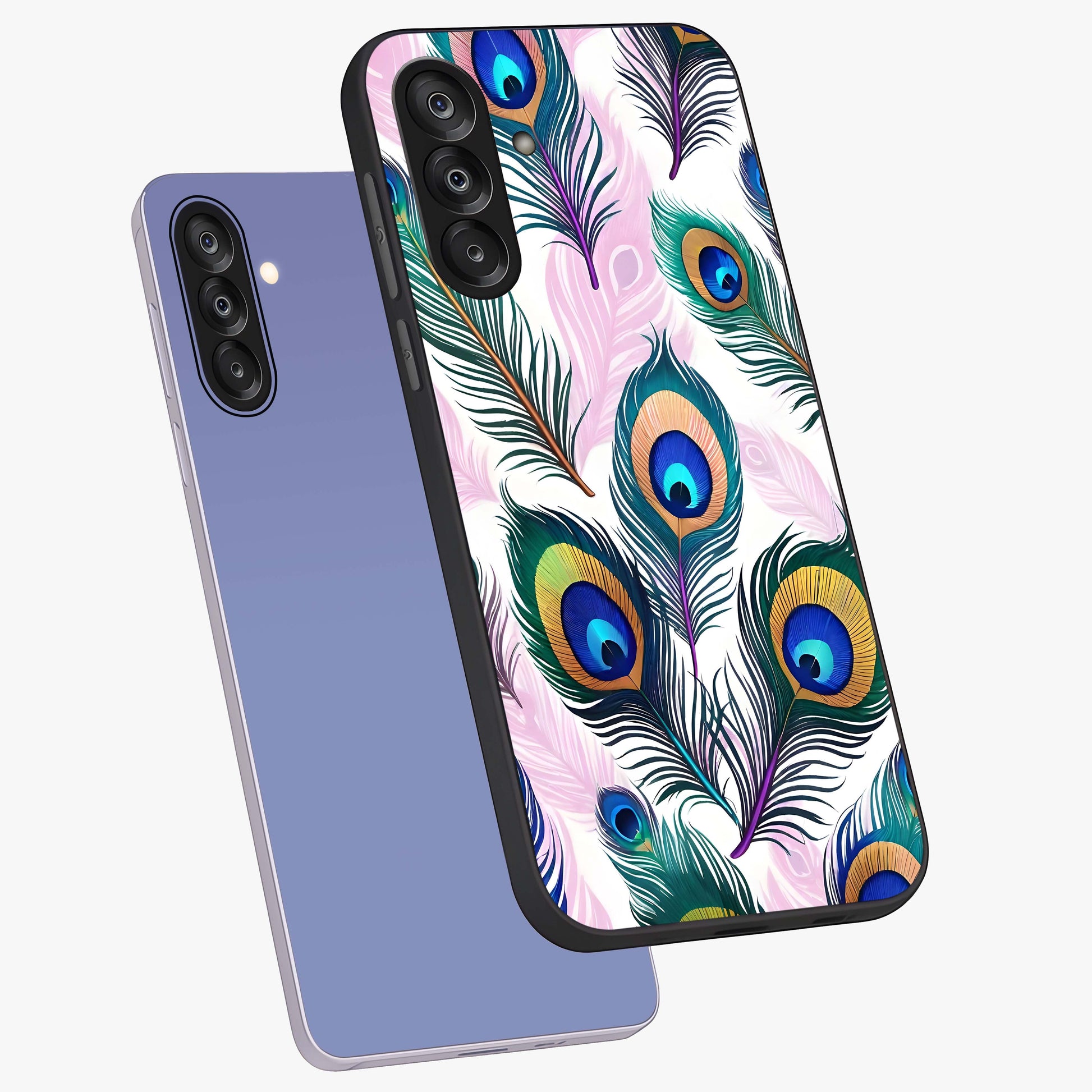 Royal Peacock Feathers Glass Case displayed in angled mockup highlighting vibrant feather pattern with regal aesthetic style.