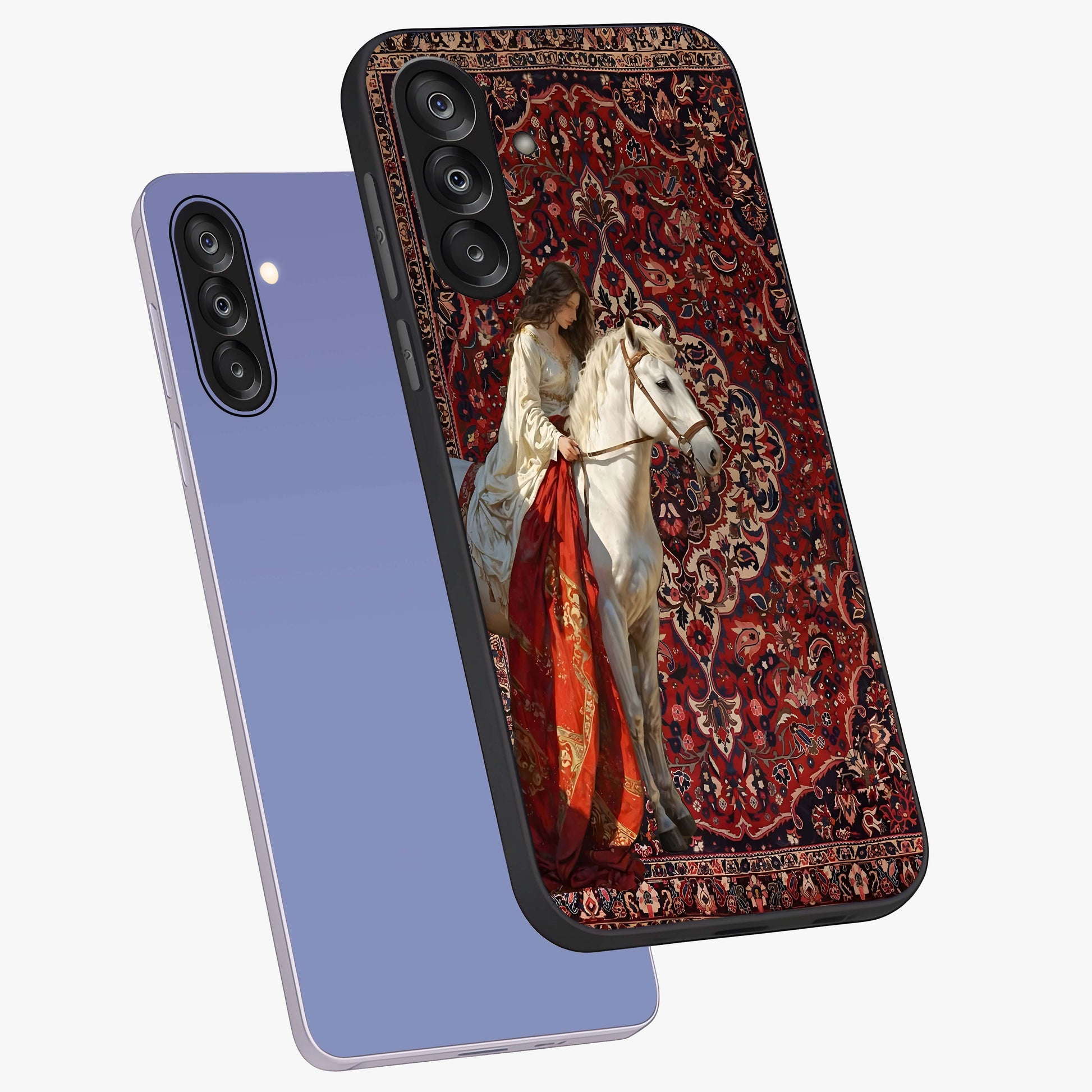Royal Rider Tapestry Glass Case displayed in angled mockup highlighting traditional tapestry design with royal heritage aesthetic.